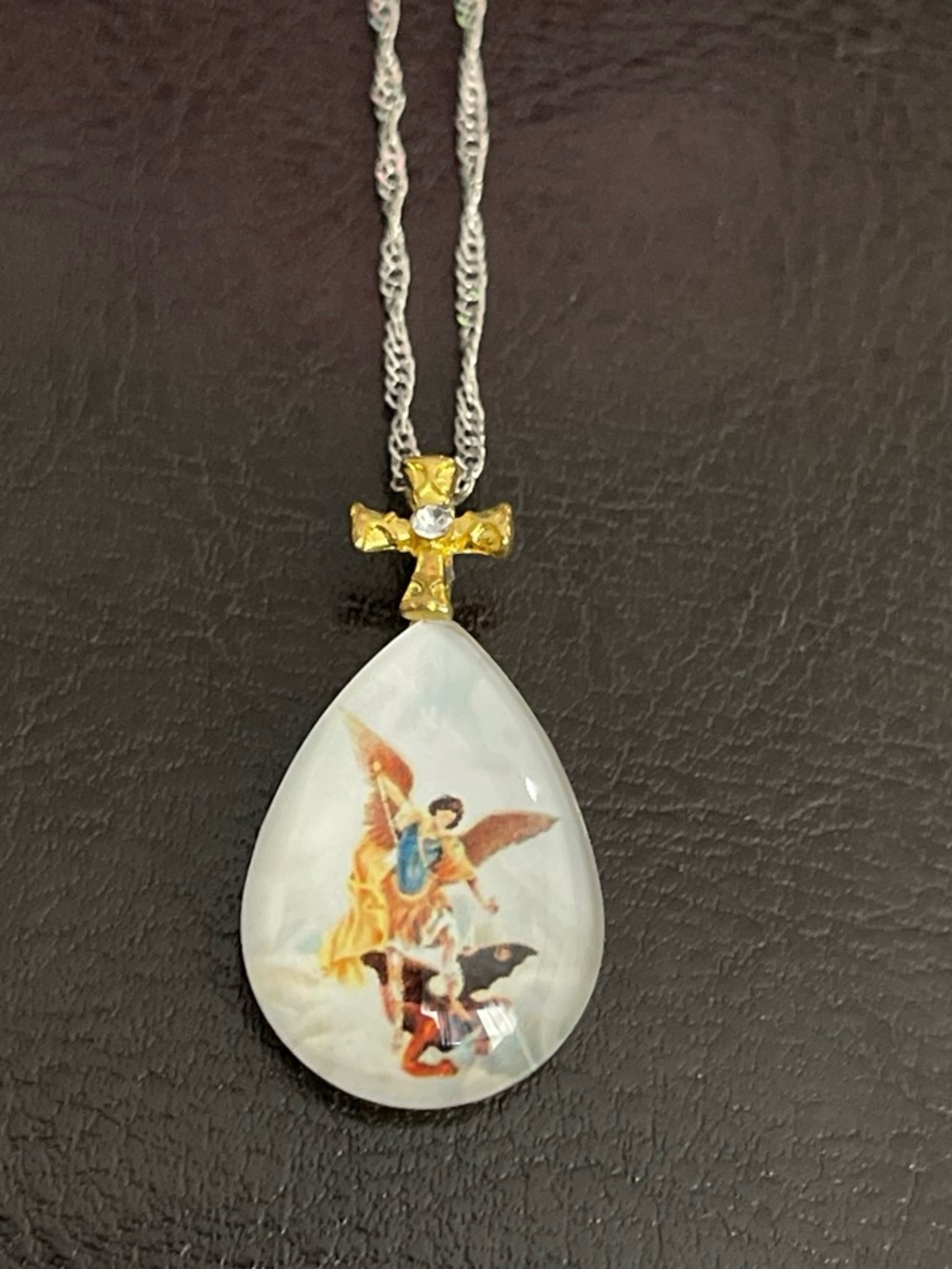 Gold-Tone Cross Teardrop Angel Pendant Necklace - White Teardrop